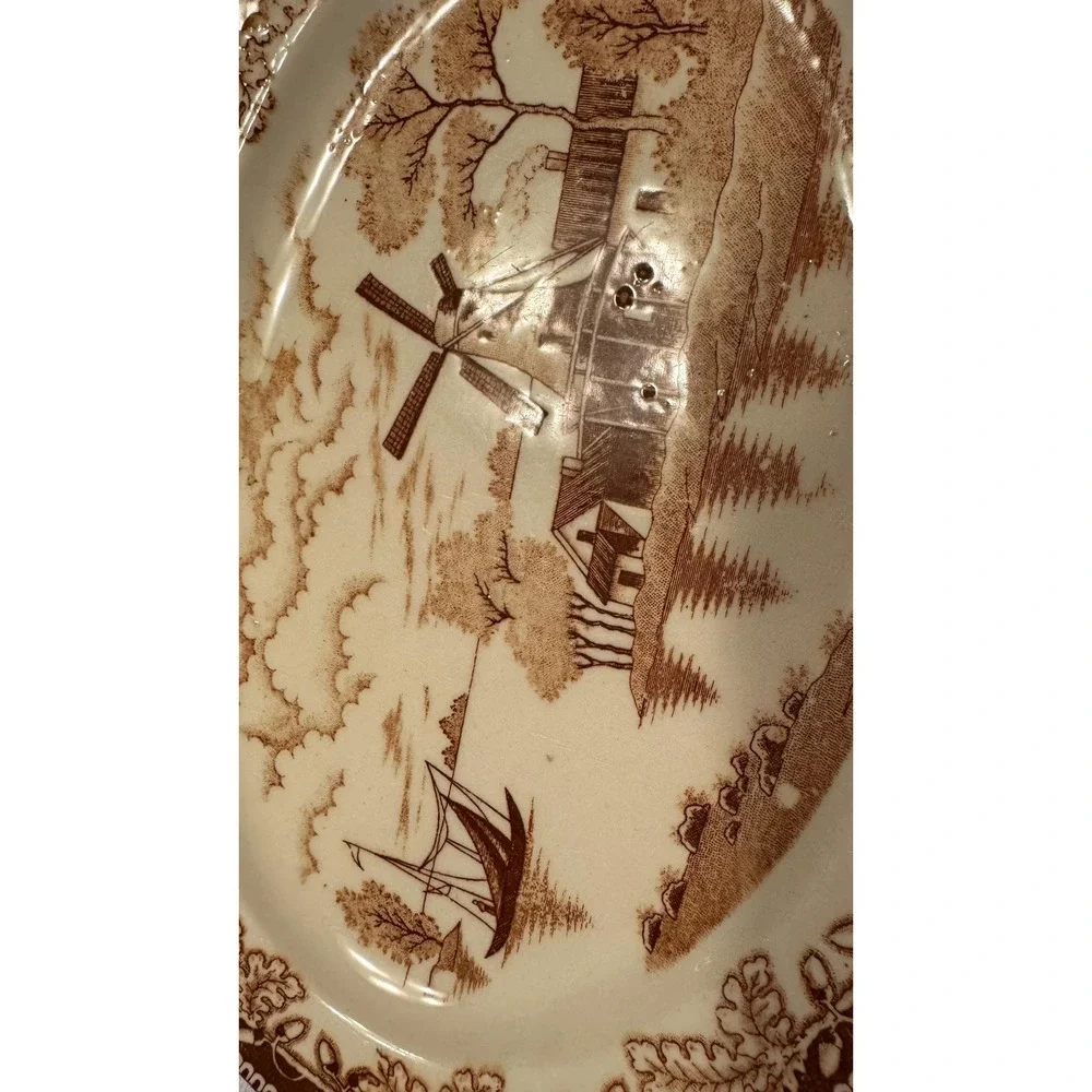Vintage Small Transferware Platter Plate Windmill, And Sailboat Motif